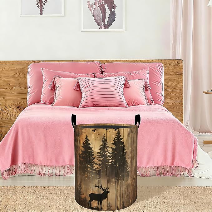 Rustic Deer Forest Laundry Basket Hamper 19.7"x15.8", Organizer Bins Gifts for Kids Boys Girls, Woodland Elk Foldable Waterproof Oxford Clothes Storage Bucket for Bedroom Bathroom Decor