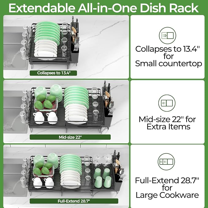Large Dish Drying Rack, Expandable Dish Rack, Stainless Steel Dish Racks for Kitchen Counter, Multifunctional Dish Drainer with Utensil & Cup Holder, 13.4"-28.7" L x 11.8" W, Black