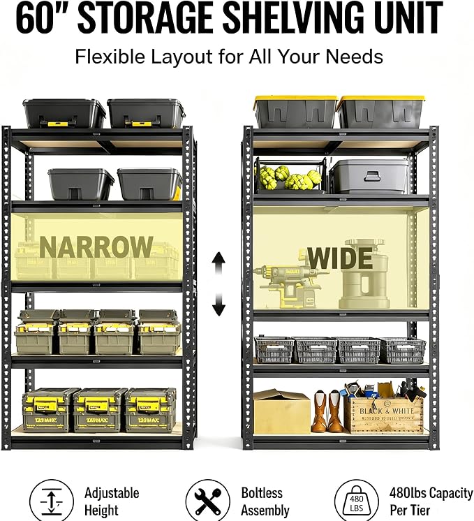60" H Heavy Duty Storage Shelves, 2400LBS Capacity Metal Shelving Unit, Adjustable Garage Shelves & Organizer with Overlap Design for Home Garage Warehouse Storage Shop,Black
