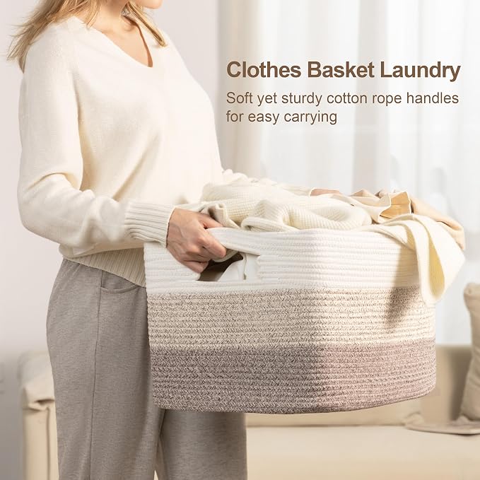 60L Woven Laundry Basket Hamper with Handles, Gradient Brown | collapsible wicker hamper, storage for dirty clothes, toys, blankets, gifts, living room, bedroom, bathroom, 21"x15"x11"