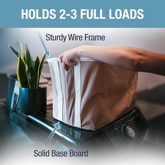 CleverMade LUXE Collapsible Laundry Basket, 60L, 2 Pack, Cream | Cotton-blend fabric and vegan leather accents elevate visible storage. Each basket supports 55 lb and folds flat.