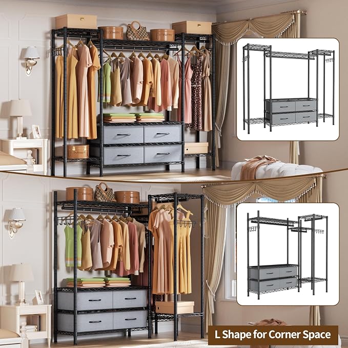 Golpart Heavy Duty Clothes Rack Metal Wardrobe with Adjustable Wire Shelves | Closet Organizers and Storage Clothing Rack Metal System Freestanding Hanging Clothes System Free Standing Garment Coat Racks