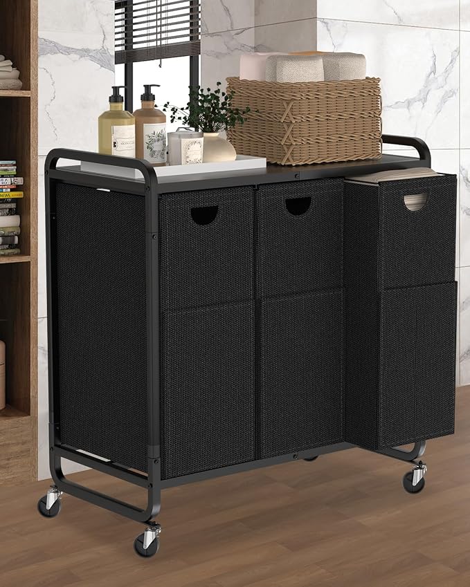 Laundry Sorter 3 Section,Laundry Basket with Wheels,3×15.8 Gal (60L) Black | Laundry Room Organization with Wooden Desktop Shelf,Pull-Out and Removable 900D Oxford Fabric Laundry Bags for Laundry Room