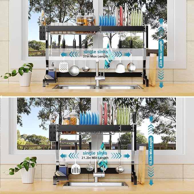 Over the Sink Dish Drying Rack, Height & Width Adjustable Stainless Steel | Large-Capacity Expandable Dish Rack with Utensil & Knife Holders,Hooks for Space-Saving Kitchen Storage | Fits Most Sinks