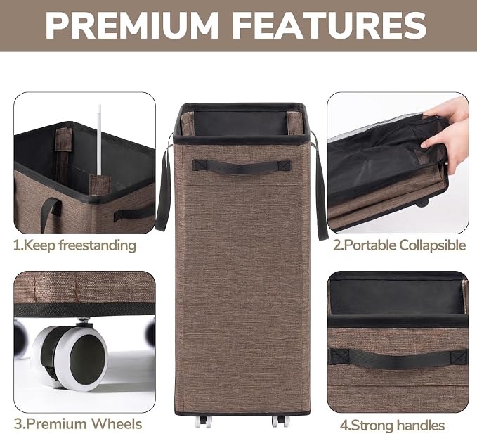 Goodpick 75L Collapsible Laundry Baskets with Removable Wash Bag and Wheels | Laundry Basket with Wheels, Rolling Laundry Hamper with Handle for College Dorm, Laundry Hamper on Wheels, Light Brown