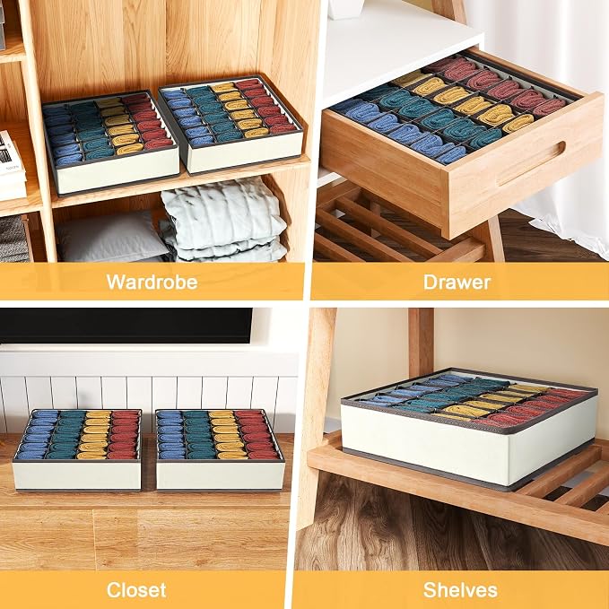 joyoldelf Sock Drawer Organizer Divider Underwear Organizer 24-cell Fabric Dresser Drawer Organizers Storage Boxes for Socks Lingerie, Handkerchiefs, Ties 4 Pack (Beige)
