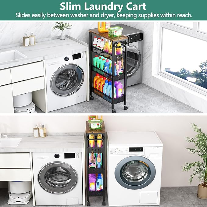 Vivihomety 4-Tier Slim Utility Rolling Laundry Cart with Wheels, Metal | Narrow 7.1" wide, Lockable wheels, wood top panel, metal frame, with handle, for laundry, bathroom, kitchen, black