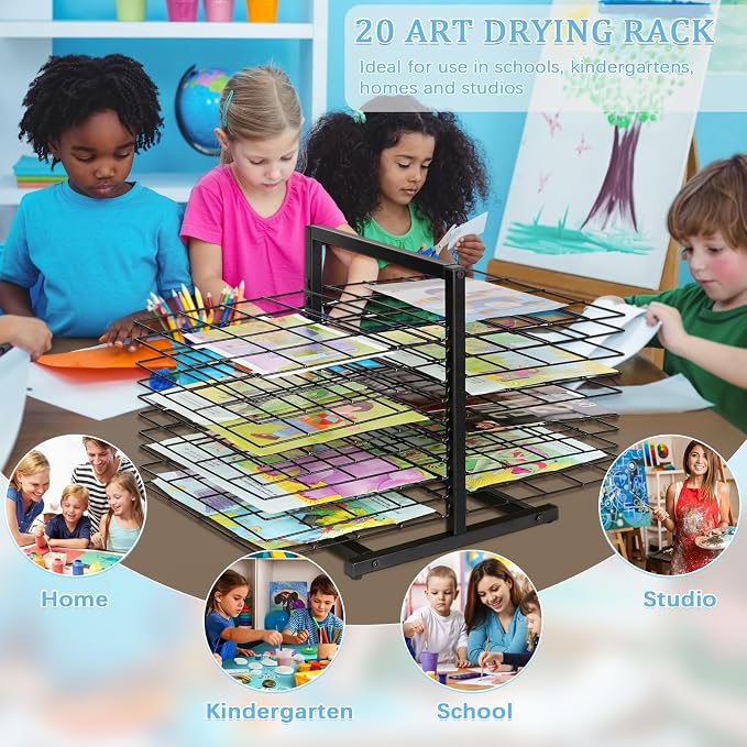 20 Shelves Art Drying Rack for Classroom, Paint Drying Rack, Black | Drying Rack Classroom, Metal Desktop, Artwork Storage Display for Classroom Painting Crafts