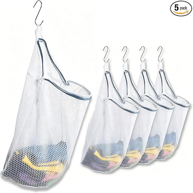 5Pcs Mesh Hanging Laundry Bags for Washing Machine, 15 X 12 inch Wash Bag for Clothes Delicates Lingerie with S Hooks