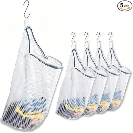 5Pcs Mesh Hanging Laundry Bags for Washing Machine, 15 X 12 inch Wash Bag for Clothes Delicates Lingerie with S Hooks