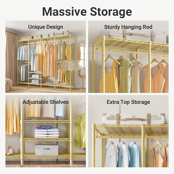 VIPEK V40 Heavy Duty Clothes Rack, 1110lb Capacity Sturdy Metal Garment Rack, Clothing Rack with 6 Shelves & 4 Hang Rods, Adjustable Open Wardrobe Closet Organizer for Bedroom/Apartment/Retail, Gold