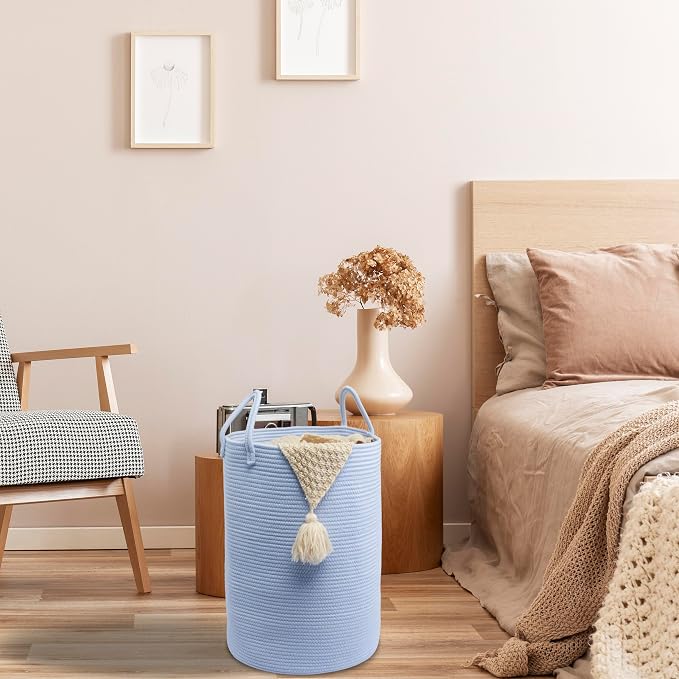 XUANGUO Cotton Rope Laundry Basket Hamper for Clothes, large light blue | Woven Storage Basket for Living Room Bedroom Boho Tall Rope Baskets for Blanket Toys Pillow Towels Baby Nursery Hamper Bin