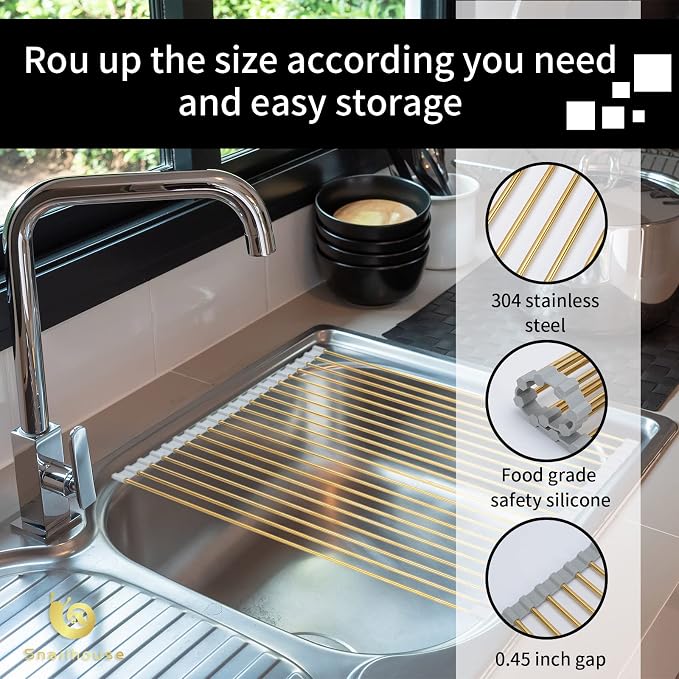 Snailhouse Roll Up Dish Drying Rack, Stainless Steel Dish Drainer Over The Sink with Anti-Slip Silicone for Kitchen Counter, Gold (17.8 x 11.8 in) | Stainless Steel Dish Drainer Over the Sink with Anti-Slip Silicone