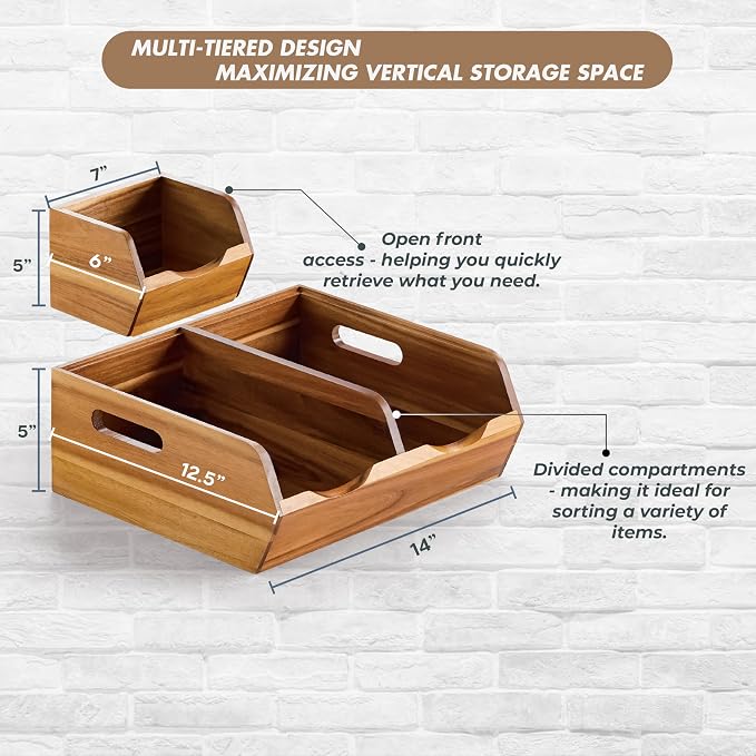 Acacia Wood Pantry Storage Bins - Stackable Open Front Kitchen Baskets for Potato, Onion, Fruit, Vegetable, and Bread Storage, Wood Organizer for Pantry (Warm Acacia)