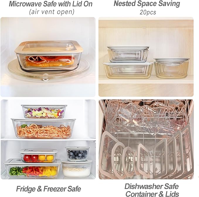 Glass Food Containers with Glass Lid, Microwave Safe Food Storage Container Set, 2 Pack of 87oz, Large Size Airtight Storage Set with Leak Proof Lids, Meal Prep Containers