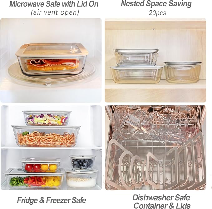 Glass Food Containers with Glass Lid, Microwave Safe Food Storage Container, Large 4 Pack Round Shape, Food Containers with Lids, Meal Prep containers with Leak Proof Lid.