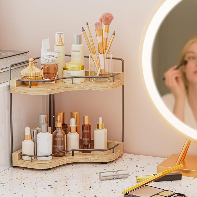 2-Tier Corner Bathroom Counter Organizer, Larger Size | Embedded Screw Holes, Sturdy & Stable, Holds More Bottles, Vanity shelf for Makeup & Skincare, Light Walnut