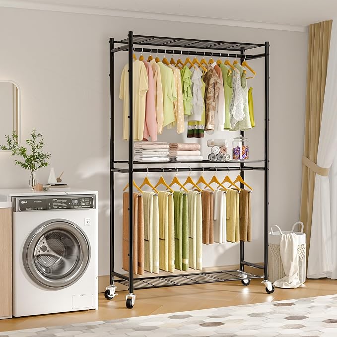 Neatrays Rolling Clothes Rack for Hanging Clothes, 47.2"x 11.8"x 79" Large Capacity Garment Rack with Double Rods & 3 Wire Shelves, Portable Closet with Wheels for Bedroom, Laundry, Balcony (Black)