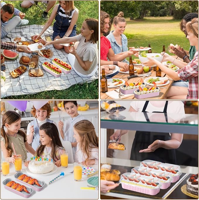 Husfunov 25 Pack Mini Cake Pans with Lids and Spoons, Small Aluminum Foil Loaf Pans, Rectangular Baking Containers for Party and Picnics, 6.8oz (Pink)