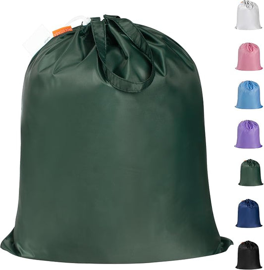 Extra Heavy-Duty Laundry Bag with Handles, Green, 21x24” | Medium Size, Name ID Tag, Machine Washable, Reinforced Handles, Drawstring Closure, For College Dorm Travel