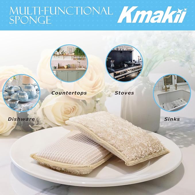 KMAKII Bamboo Kitchen Sponges Dish Sponges Natural Cleaning Sponges Beige 6 Pack