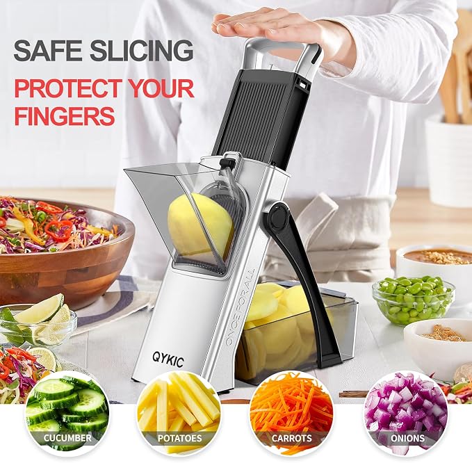 QYKIC Upgrade Safe Mandoline Slicer Plus,Adjustable Vegetable Chopper Potato French Fry Cutter, Kitchen Chopping Artifact for Meal Prep (BlackWhite)