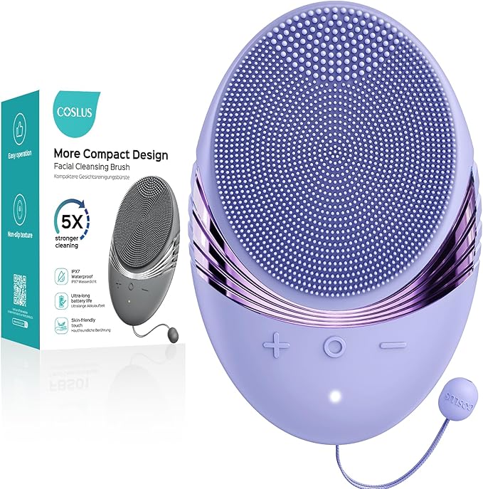 COSLUS FBS01 Facial Cleansing Brush Face Scrubber, Compact for Travel | Rechargeable, Gentle Silicone, 5 Cleansing Modes, Deep Cleaning for Men & Women, Removing Blackhead Exfoliating,Purple
