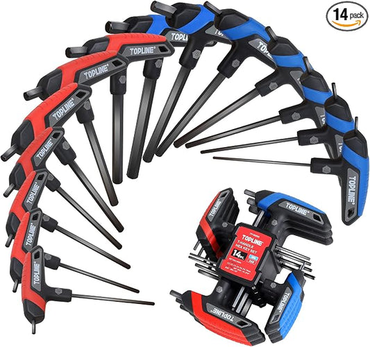 Topline 14-Piece T-Handle Allen Wrench Set, Hex Keys Set with Storage Rack | Metric&SAE, Long Arm, Portable Allen Key Set for Basic Home Repair and Mechanics Maintenance