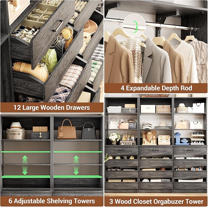 Aheaplus Closet System with 12 Drawers, 138.5" Wood Closet Organizer System with 4 Hanging Rods & Top Shelves, 6.7+4.85Ft L Shaped Corner Walk-in Closets Wardrobe Organizer Rack, Set of 3, Black Oak
