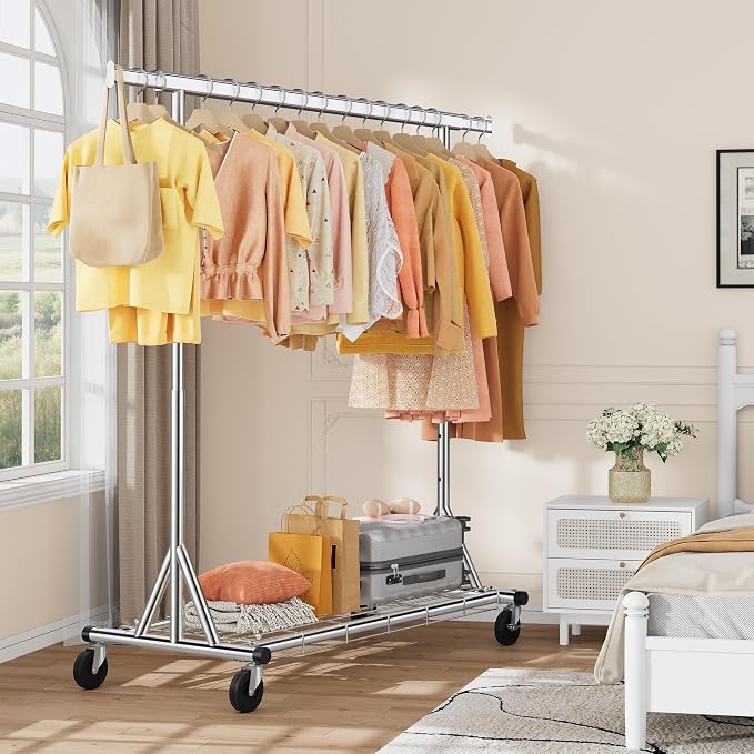 Gewudraw Clothes Rack Heavy Duty With 4" Wheels,Portable,Collapsible,Chrome | 630 LBS Capacity Rolling Clothing Rack, Shelf, Hooks, Adjustable Height, Extendable Rod, Garment Rack For Wardrobe, Bedroom