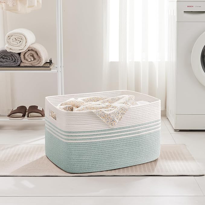 45L Small Woven Laundry Basket Hamper with Handles, Green | collapsible wicker hamper, storage for dirty clothes, toys, blankets, gifts, living room, bedroom, bathroom, 18"x14"x11"