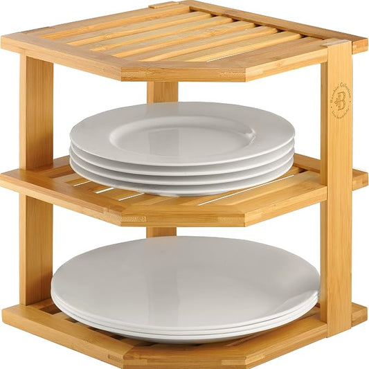 Bambüsi Plate Organizer for Cabinet - 3 Tier Bamboo Corner Cabinet Organizer Shelf for Plates Bowls Mugs Cups, Kitchen Cabinet Organizer, Cabinet Shelf Organizer, Countertop Rack, 10 x 10 x 9.5 Inch