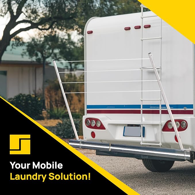 Stromberg Carlson CL-100 Bumper Mounted Clothesline - 48" aluminum foldable travel drying rack for RV Bumper, camper, and outdoor use; 84" hanging space, ideal RV clothesline and camping laundry rack. | Fits 4 in square bumpers, 84 in hanging space, ba...