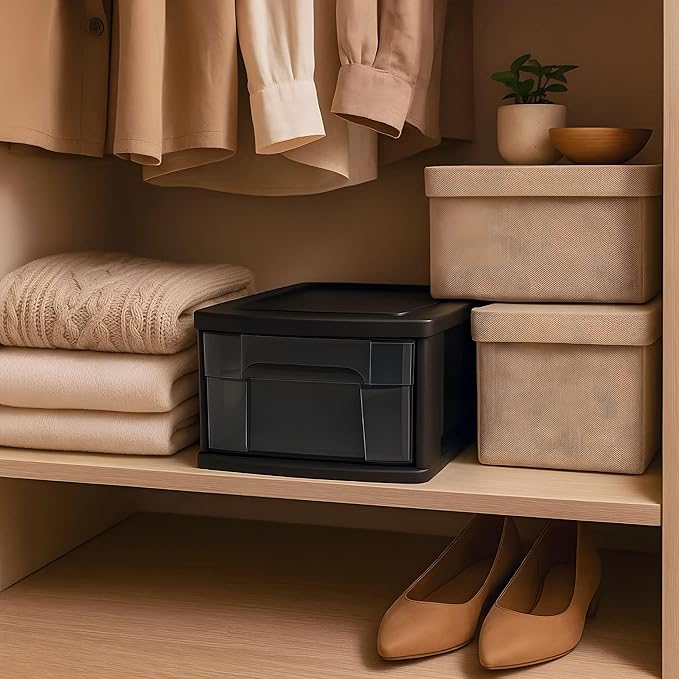 HOMZ 1 Drawer Storage Cart, Medium Plastic Container, Black Frame, 2 Pack | 14.25" Wide Medium Tote with 1 Smoke Tint Drawer for Organizing Bathrooms, Bedrooms, Home Offices, Closets, and Dorm Rooms