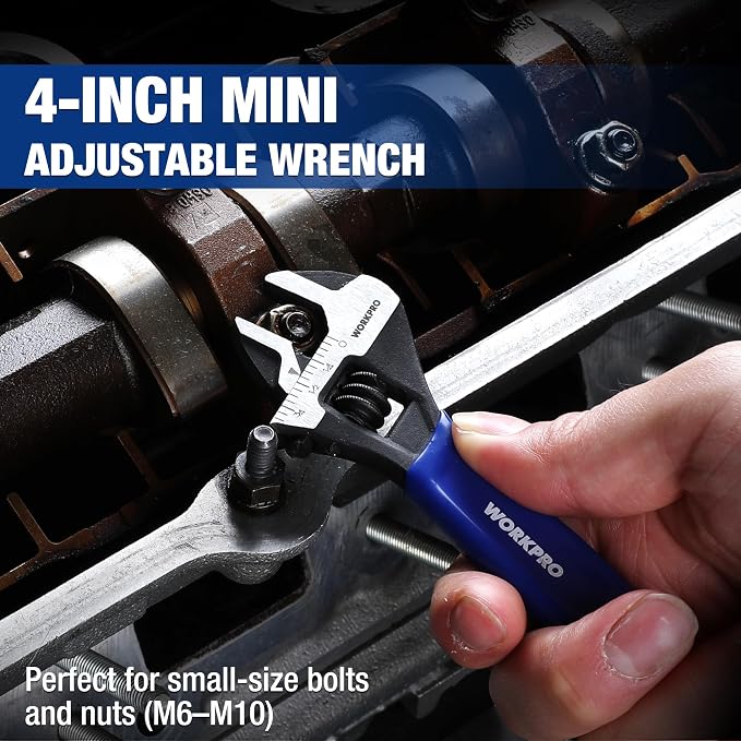WORKPRO 4-Inch Mini Adjustable Wrench, Wide Jaw Cr-V steel Wrench | Black Oxide Finish, Metric & SAE Scales, Compact Size for Small Nuts, Home Projects, Workshop and DIY Tasks.