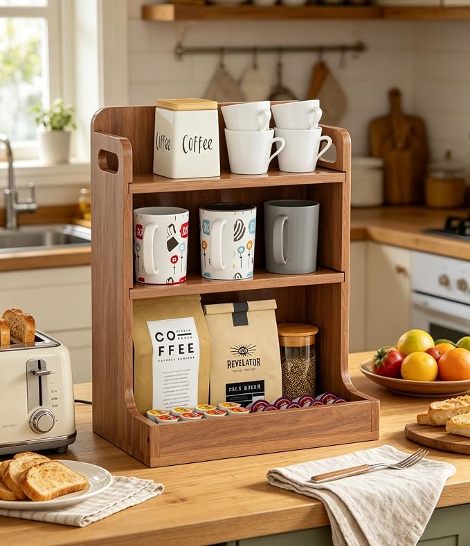Solid Wood Matcha & Coffee Station Organizer, 3-Tier Countertop Mug Holder | Full Back Panel Thick Wood Construction, Built-in Side Handles, 3 Spacious Shelves Organize Mugs, Pods, Matcha, Tea, Spices