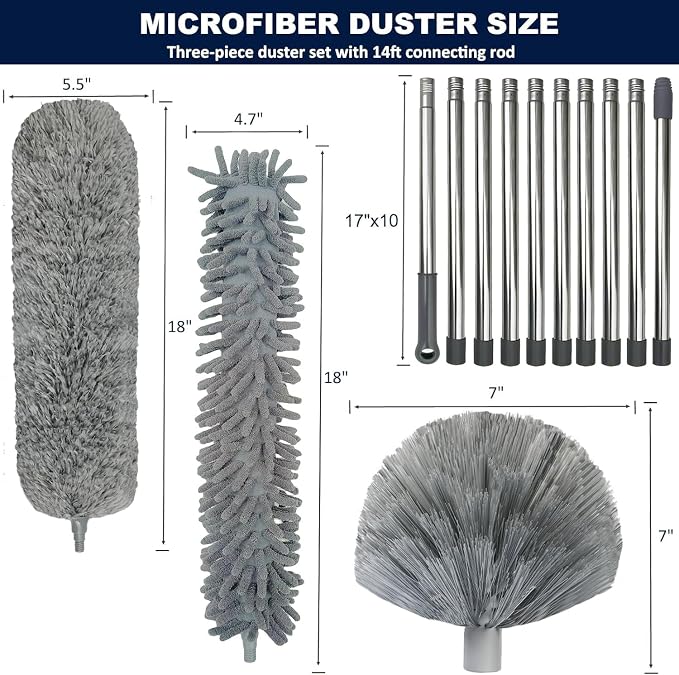 20+ Feet High Reach Duster Kit with 3-14 ft Extension Pole for Cleaning Fan, Spider Web, High Ceiling, Blinds, Furniture, Cars - Cobweb Microfiber Duster // Outdoor & Indoor Extendable Duster