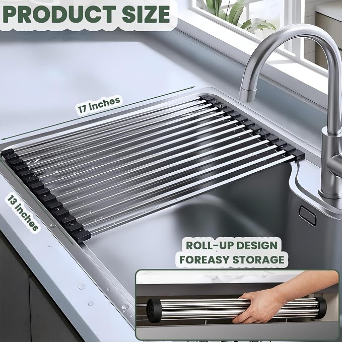 Roll Up Dish Drying Rack Over the Sink 304 Stainless Steel Kitchen Drainer | Durable and Rust Proof, Support Heavy Load, Easy to Clean, Foldable, Space Saving, Anti-Slip, Multipurpose, 17 x 13 Inches