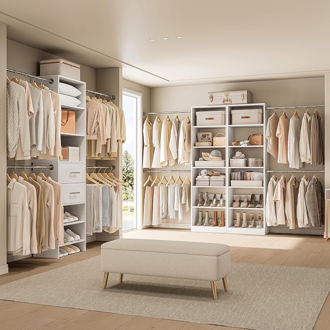 W1 Closet System, 3.5FT-7.7FT Closet Organizer System with 4 Chrome-Plated Telescopic Rods & 6 Adjustable Shelves, Custom Wood Walk-In Closet Wall-Mounted Clothing Rack, White