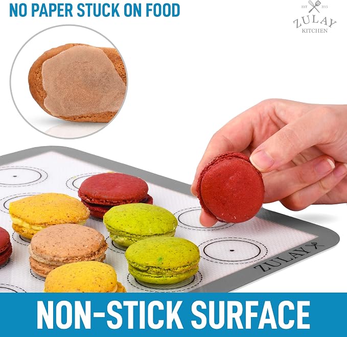 Zulay (Set of 4) Silicone Baking Mat - Macaron Silicone Baking Mats With Pre-printed Template Design - Non Stick & Reusable Silicone Baking Sheet - 2 Half Size + 2 Quarter Size (Gray)