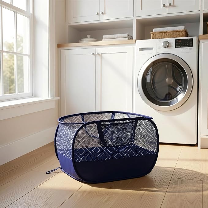 100L Extra Large Mesh Pop Up Laundry Hamper 2 Pack with Pocket and bag, Horizontal Blue