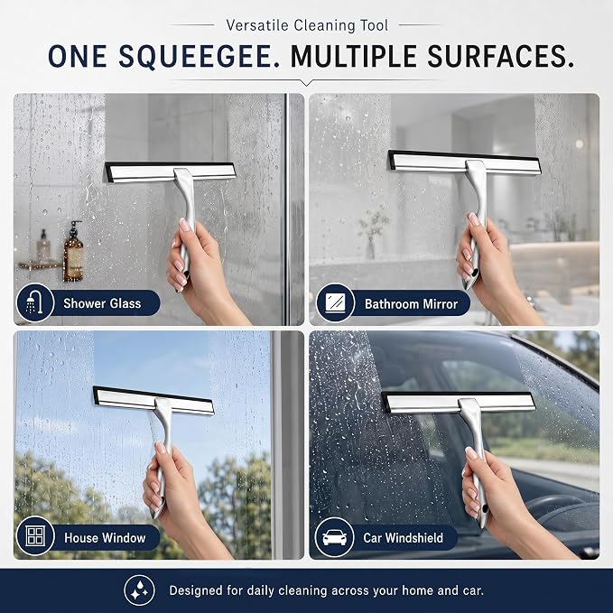 Shower Squeegee for Glass Doors, Stainless Steel Bathroom Squeegee with 3 Kinds of Waterproof Adhesive Hooks, 10 Inch Window Mirror Tile Wall Car Glass Cleaner Tool, Streak-Free Silicone Blade