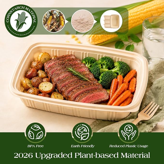 100 Piece (50 Pack) Meal Prep Containers with Lids,32 oz Resuable Cornstarch Material Salad Containers, Plant-based Lunch Boxes, Plastic Take Out Bowls BPA Free, Microwave Freezer Safe, Stackable