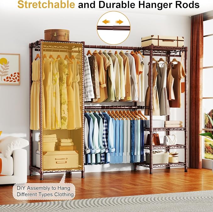 Ulif E7 Garment Rack, Heavy Duty Clothes Storage System with Extendable Hangers Rods, Metal Clothing Rack with 6 Wire Shelves, (52.3"-72") W x 14.5" D x 71.2" H, Load 838lbs, Bronze