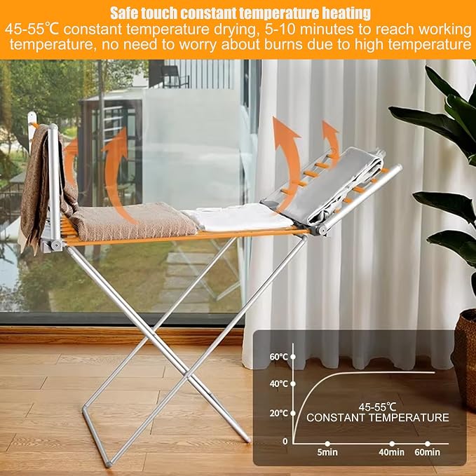 Folding Electric Heated Clothes Drying Rack, Laundry Drying Rack, 45-55℃ Constant Temperature Heated Drying Racks Free Standing Heating Garment Dryer, Space Saving(Heated Clothes Hanger)