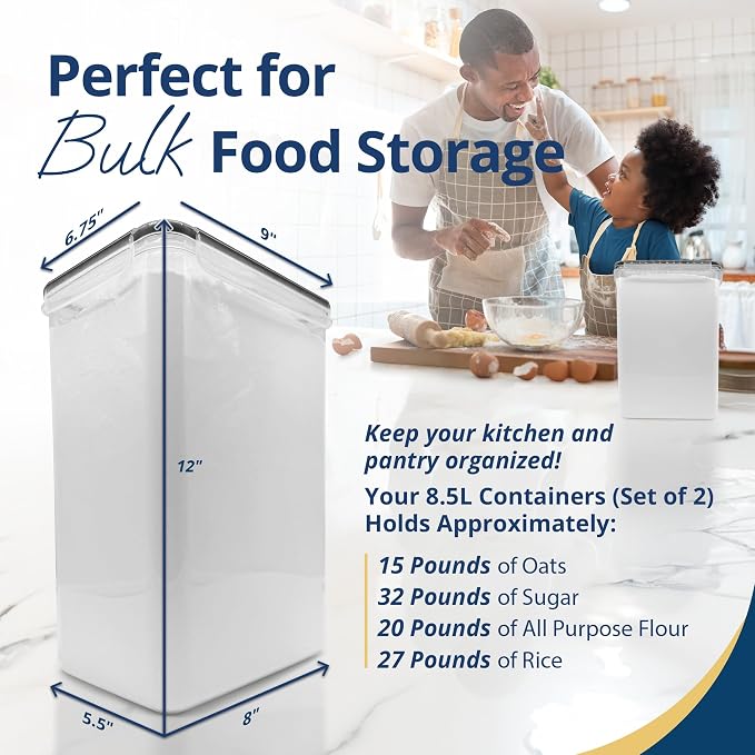 Reli. Airtight Food Storage Containers Stackable 8.5L Flour Sugar (2 Pack) | Pantry Storage, XXL, Freshness Seal, Dry Goods, See-Through, Labels, Measuring Cup, BPA Free, Leak-Proof, Reusable