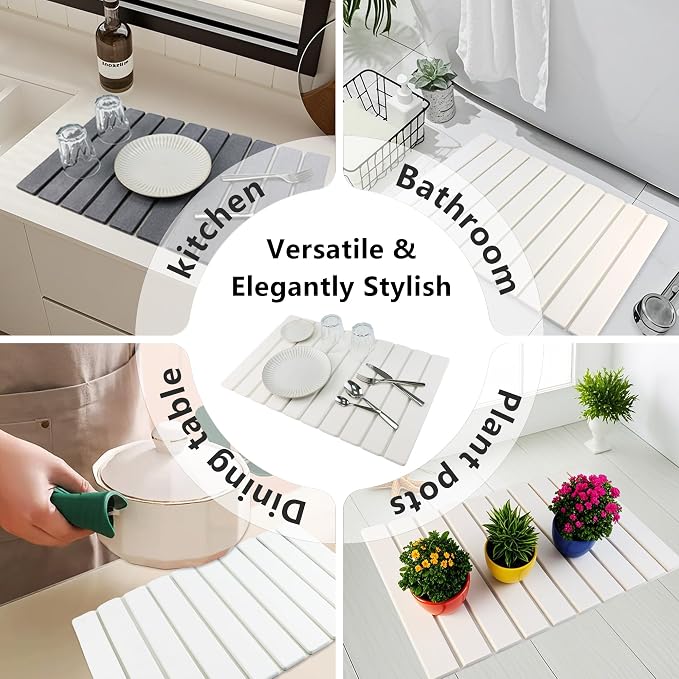 Large Stone Drying Mat for Kitchen Counter Diatomaceous Earth Collapsible 24”（L）*16”（W）Super Heat Resistant Mats, Quick Absorbent Dish Drying Rack（Gray marble）