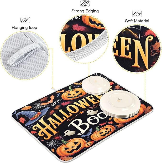 Halloween Ghosts Boo Dish Drying Mat for Kitchen Countertop 18x24 Witch Pumpkin Lantern Bat Large Drying Mat Reusable Quick Dry Dish Sink Mats Easy Clean Decorative Essentials