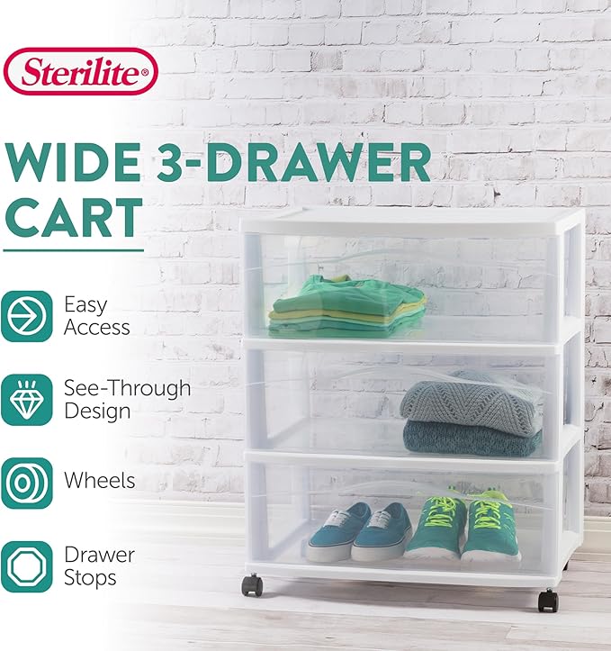 Sterilite 2-Pack Wide 3-Drawer Cart, Storage Closet Organizer with Wheels, White - Plastic Drawers and Containers for Bedroom, Cabinet, Clothes, Dresser, and Kitchen Pantry Organization