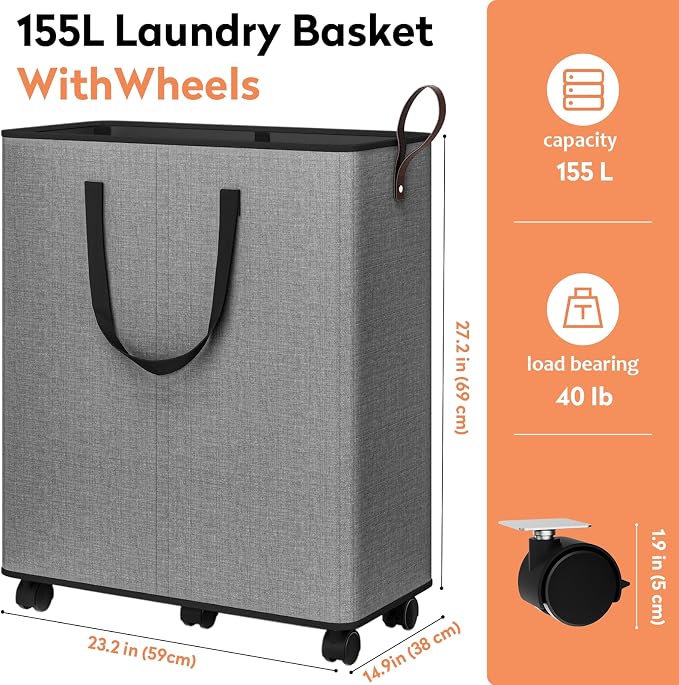 SpaceTrove Rolling Laundry Basket with Wheels, Laundry Hamper, 155L, Grey | Collapsible, 6 detachable wheels including 2 with brakes, sturdy handle, metal frame, for dorms, bathrooms and bedrooms